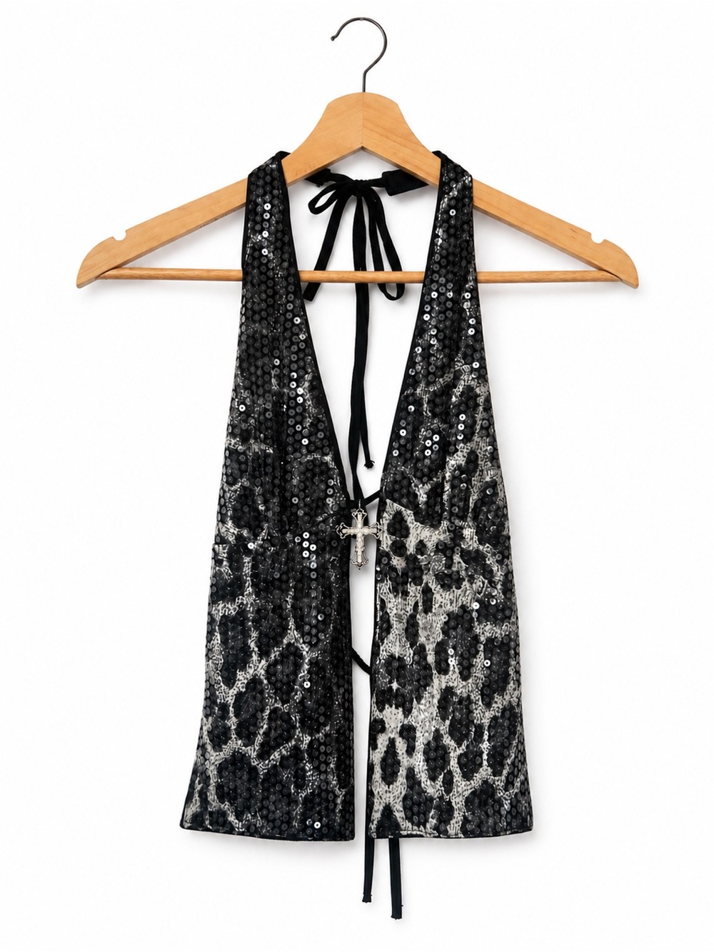 Y2K Sequin Halter Top Leopard Cross NWT - Picture 2 of 9